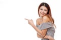 Happy, smiling, positive, woman pointing at blank spac Royalty Free Stock Photo