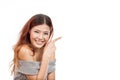 Happy, smiling, positive, woman pointing at blank space