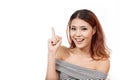 Happy, smiling, positive, woman pointing up at blank space Royalty Free Stock Photo