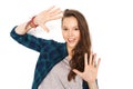 Happy smiling pretty teenage girl showing hands Royalty Free Stock Photo