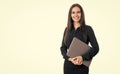 Happy smiling professional woman businesswoman ceo boss manager assistant holding laptop in formalwear