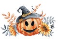 Happy smiling pumpkin wearing a witch hat for the holiday of Halloween. Hand drawn watercolor illustration isolated on Royalty Free Stock Photo