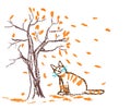 Happy smiling red he cat under autumn tree and falling leaves. Royalty Free Stock Photo