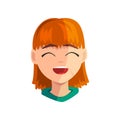 Happy smiling redhead girl, female emotional face, avatar with facial expression vector Illustration on a white