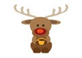 Happy smiling reindeer Rudolf drinking coffee from orange yellow tea cup