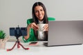 Happy smiling remote online working woman with laptop