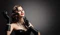 Happy Smiling Retro Beautiful Woman Portrait, Pearl Necklace and Leather Glove, Vintage Corset Dress, Red Lips, Glamour Royalty Free Stock Photo