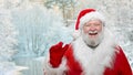 A happy, smiling Santa Claus isolated on a blurred frozen forest.