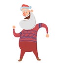 Happy smiling Santa Claus in red and blue deer sweater dancing on white background. Merry Christmas and Happy New Year Royalty Free Stock Photo