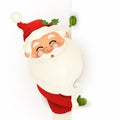 Happy smiling Santa Claus standing behind a blank sign, showing on big blank sign. Cartoon Santa Claus character with white copy s Royalty Free Stock Photo