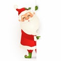 Happy smiling Santa Claus standing behind a blank sign, showing on big blank sign. Cartoon Santa Claus character with white copy s Royalty Free Stock Photo