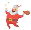 Happy smiling Santa Claus throws candies in the air and jumps for joy with bag of presents on white background. Merry