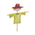 Happy smiling scarecrow character. Watercolor cartoon funny illustration isolated on white Royalty Free Stock Photo