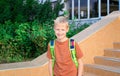 Happy smiling schoolboy with backpack on the background of school. Back to school. Learning concept Royalty Free Stock Photo