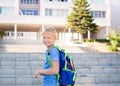 Happy smiling schoolboy with backpack on the background of school. Back to school. Learning concept Royalty Free Stock Photo