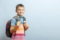 Happy smiling schoolboy with backpack on blue background. School concept. Back to school Royalty Free Stock Photo