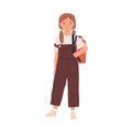 Happy smiling schoolgirl with school bag. Portrait of girl with schoolbag standing in overall and sneakers. Child in Royalty Free Stock Photo