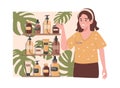 Happy smiling seller advertising new fresh organic cosmetics collection vector flat illustration.