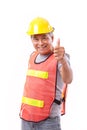 Happy, smiling senior construction worker giving thumb up