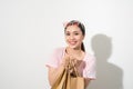 Happy Smiling Shopper, Woman Holding Shopping Bag Isolated