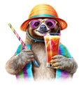 Happy and smiling sloth wearing colorful summer hat and stylish sunglasses holding cocktail glass with delicious drink, isolated