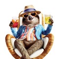 Happy and smiling sloth wearing summer hat and stylish sunglasses, holding glass with drink on beach chair isolated over white