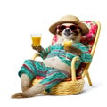 Happy and smiling sloth wearing summer hat and stylish sunglasses, holding glass with drink on beach chair isolated over white