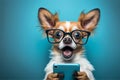 Happy smiling smart dog holding a smartphone, blue background. Generative ai Royalty Free Stock Photo