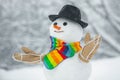 Happy smiling snow man on sunny winter day. Handmade snowman in the snow outdoor. Snowman in a scarf and hat. Cute