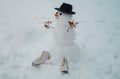 Happy smiling snow man on sunny winter day. Snowmen. Snowman. Happy funny snowman in the snow. Greeting snowman.