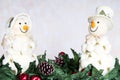 Happy smiling snowman couple with mistletoe. Snowwoman. Christmas Decoration