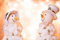 Happy smiling snowman couple. Snow woman. Christmas Decoration Royalty Free Stock Photo