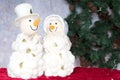 Happy smiling snowman couple. Snowwoman. Christmas Decoration