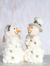 Happy smiling snowman couple. Snowwoman. Christmas Decoration