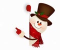 Happy smiling snowman standing behind a blank sign showing on big blank sign. Cartoon snowman character with white copy Royalty Free Stock Photo