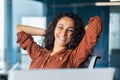 Happy and smiling successful hispanic business woman finished work satisfied with work result and achievement, hands Royalty Free Stock Photo