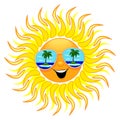 Summer Sun Cartoon with Sunglasses Beach Reflections Vector Illustration