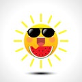 Happy smiling summer sun in sunglasses eating watermelon on white background Royalty Free Stock Photo