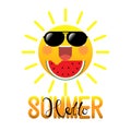 Happy smiling summer sun in sunglasses eating watermelon on white background Royalty Free Stock Photo