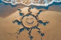 A happy smiling sun drawn in sand on a summer beach Royalty Free Stock Photo