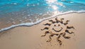A happy smiling sun drawn in sand on a summer beach Royalty Free Stock Photo