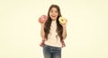 Happy smiling teen girl teener holding delicious dessert donuts doughnuts sweet food snack for dessert Royalty Free Stock Photo