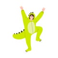 Happy smiling teenage boy posing in a colourful dinosaur party costume. Vector illustration in flat cartoon style.