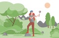 Tourist take picture or making video blog about traveling and camping in forest vector flat illustration.