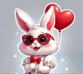 Happy smiling valentines white hra in dress wearing heart shaped red glasses holding balloon