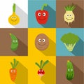 Happy smiling vegetables icons set, flat style Royalty Free Stock Photo