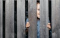 Happy smiling white boy looks out of the crack of a wooden fence. Childish curiosity. Espionage. Rural life. Child Royalty Free Stock Photo