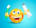 Happy smiling with white shining teeth emoticon or round face holding toothbrush and toothpaste in its hands on bright blue backgr Royalty Free Stock Photo