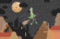 Happy smiling witch in green clothes flying on broomstick vector flat illustration. Halloween scary night background.