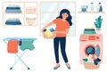 Happy smiling Woman doing laundry at home. Young woman holding basket with clean clothes stand near washing machine.  Housewife Royalty Free Stock Photo